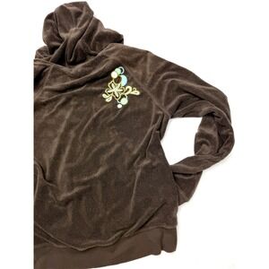 Axcelerate Y2K Terry Cloth Zip Up Hooded Jacket Floral Embroidery Brown Large